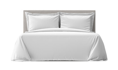 Clean and neatly made bed with fresh white linen sheets, pillowcases, and a comforter, inviting...