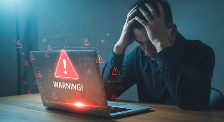 Person stressed by computer warning alerts error notification