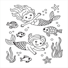 Fototapeta premium Cute cartoon mermaids swimming with fish and starfish in the ocean