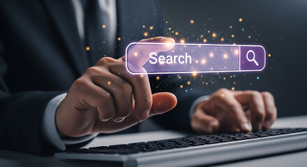 Person typing on keyboard interacting with digital search bar business technology