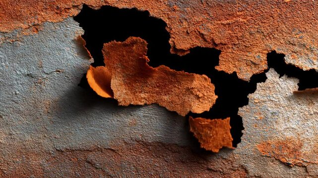 Close-up view of a weathered metal surface showcasing rust and peeling paint. This visual highlights the intricate textures and colors formed over time, demonstrating decay and age.