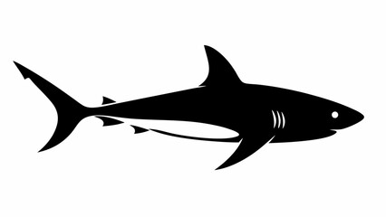Silhouette of a shark with pointed fins and tail swimming in the ocean water in black and white style