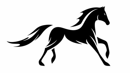 Silhouette of a black horse galloping with flowing mane and tail on a white background art design