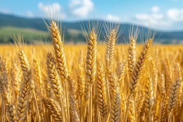 Fototapeta premium Serene Golden Wheat Fields with Snow-Capped Mountain Views