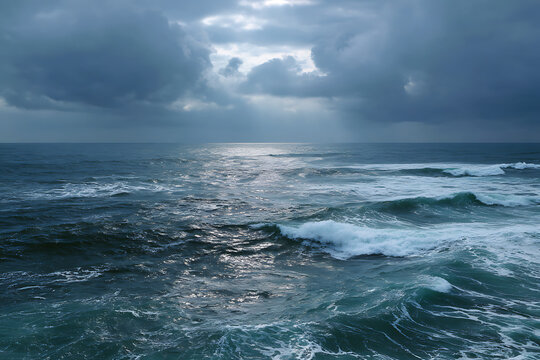 Deep blue ocean waves crashing under dramatic stormy clouds water