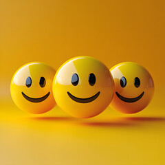 Three Dimensional Yellow Smiley Faces Floating on a Yellow Background Casting Shadows, Expressing Happiness and Positivity in a Simple and Playful Design Concept