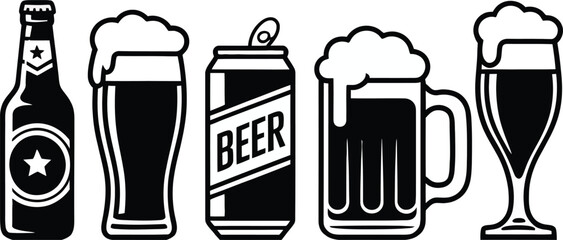 Collection of black and white icons representing beer bottle can and glasses
