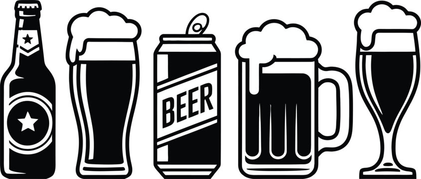 Collection of black and white icons representing beer bottle can and glasses