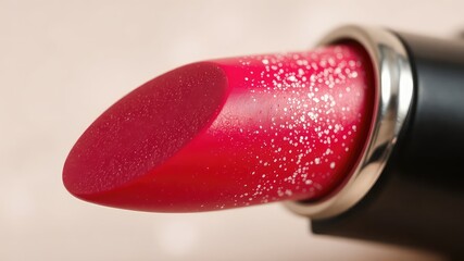 Vibrant red lipstick with glimmering sparkles accentuating the smooth texture and elegant shape for a bold and captivating appearance