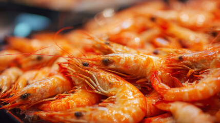 Detailed close-up of numerous cooked shrimp arranged for display at a seafood market, highlighting freshness and flavor in a gourmet context. 