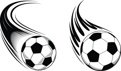 Two dynamic black and white soccer balls with motion trails and stylized flames