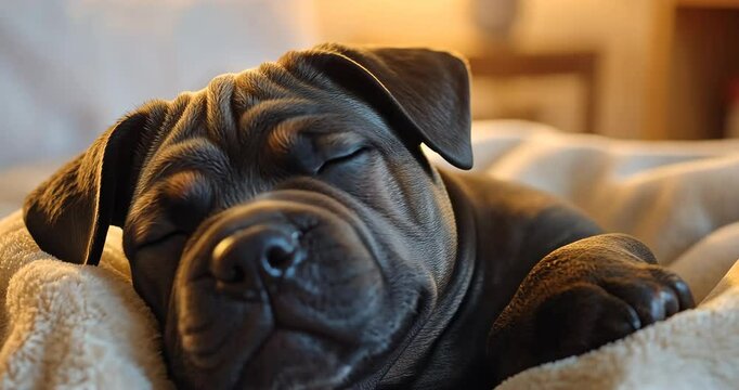 Close-up of a Shar Pei puppy sleeping peacefully on a soft, cozy blanket.