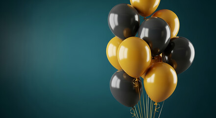 Shiny gold and dark grey balloons clustered together celebration party