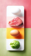 Overhead View of Salmon, Eggs, and Brussels Sprouts on a Colorful Plate