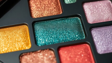 Glittery eye shadows in a variety of beautiful colors, arranged in a black palette ready for a glamorous transformation