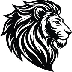 Fototapeta premium Majestic Lion Head Profile: Black and White Tribal Style Vector Graphic, Powerful and Regal.