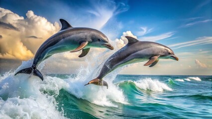 Oceanic Duo's Acrobatic Display Dolphins Leap Gracefully Over a Crest of Sparkling Waves Under a Vivid Sky
