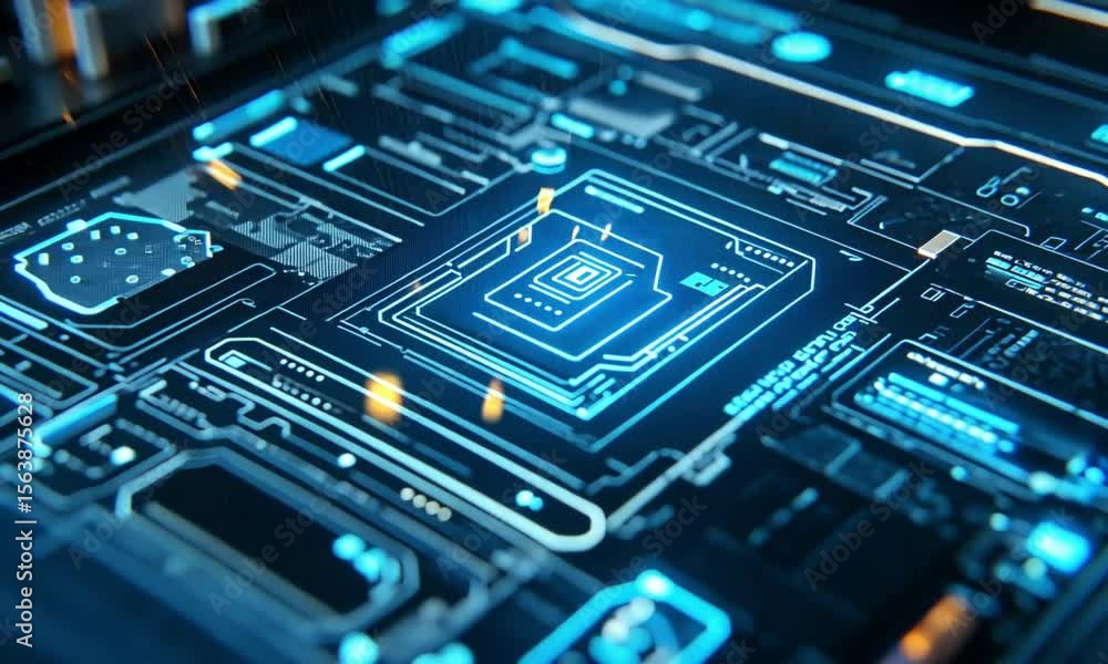 Poster close up of a glowing blue and white computer chip with intricate circuit patterns visible on its su