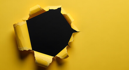 Torn yellow paper revealing black void ripped hole