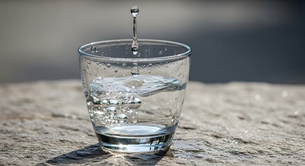 Glass cup catching filtered water drop-by-drop on a stone surface with soft reflection