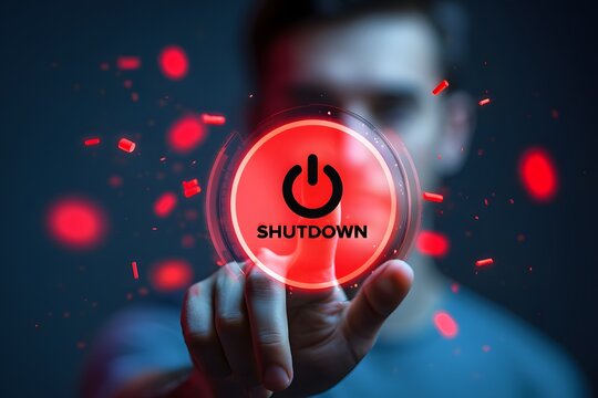 human hand press shutdown button on virtual screen. Shut down concept, Free space for text or design. 
