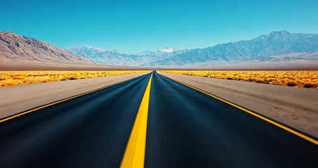 Fast motion shot of driving along a desert highway towards majestic mountains under a clear blue sky. - Powered by Adobe