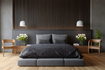Minimalist bedroom with dark wood slats grey bedding and white flowers slat wall