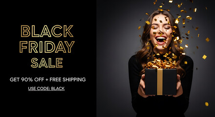 Woman celebrating with gift and falling confetti black gold