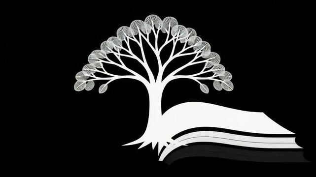 Drawing tree of knowledge and open book.  Image shows stylized tree of knowledge growing from open book pages.  Artistic representation perfect for educational projects, knowledge base illustrations.