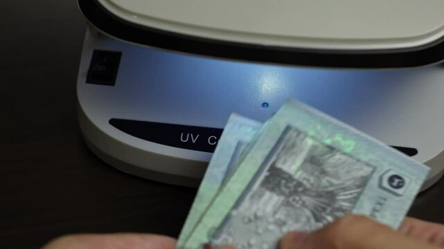 Examination of malaysian ringgit (MYR) cash money with UV counterfeit detector. Concept of authenticity check, fight against counterfeiting of banknotes, anti fraud measures in Malaysia. Close up view