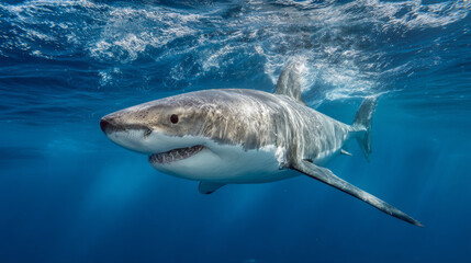Fototapeta premium Great white shark (Carcharodon carcharias) in its natural ocean environment. 