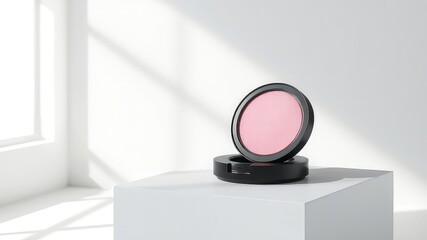 Minimalistic beauty product presentation highlighting a pink blush compact on a white surface with subtle light and shadow