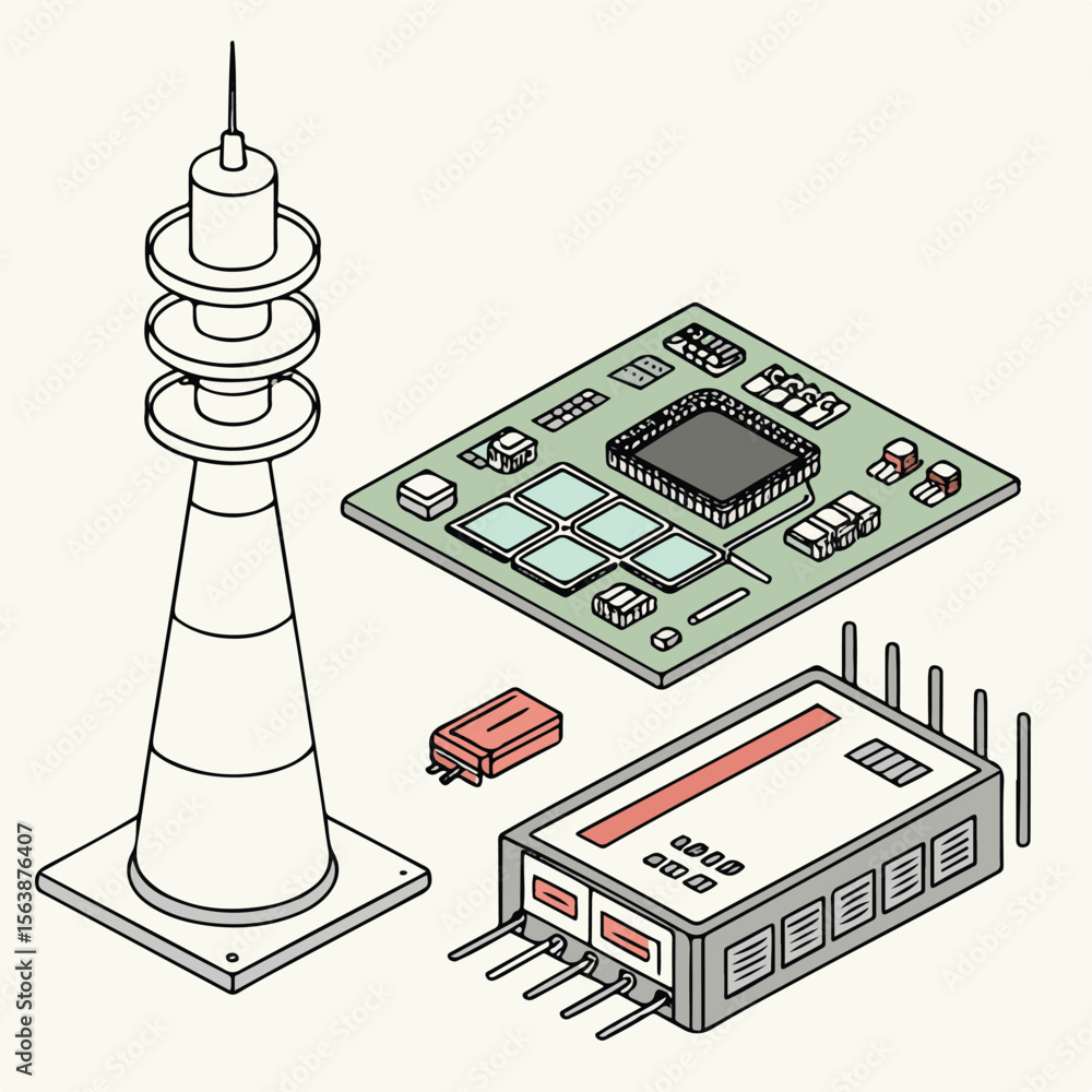 Poster vector illustration of a modern computer laptop office building and radio in isometric style with te