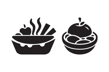 Stylized black icons of hot apple dessert and fresh fruit bowl