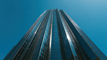Obraz premium Single Glass Skyscraper Dominating Skyline: Frontal View of Modern Building