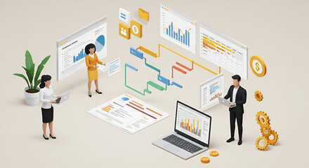 Fototapeta premium Isometric business analytics dashboard for team collaboration and data visualization
