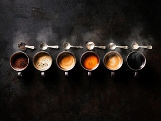 Five cups arranged in a row, each containing different coffee preparations. The setup highlights the unique colors and textures of various coffee types, with steam rising from one cup