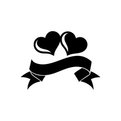 Two black heart shapes connected by a flowing ribbon banner isolated on white background isolated on transparent background