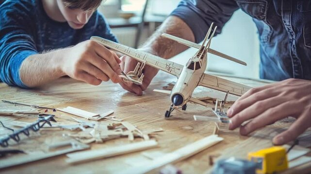 Father and son collaboratively assemble a model airplane