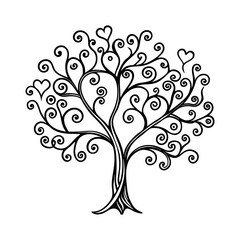 Obraz premium Elegant black and white decorative tree with swirling branches and heart shapes isolated on white background isolated on transparent background