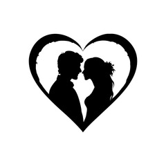 Romantic couple silhouettes gazing at each other inside a heart shape isolated on white background isolated on transparent background