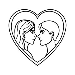 Stylized black and white outline of a couple facing each other within a heart shape isolated on white background isolated on transparent background
