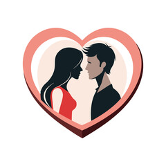 Stylized silhouette couple gazing at each other inside a heart shape isolated on white background...