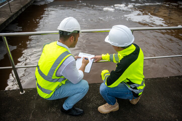 Two engineers are inspecting the operation of the treatment pond and checking the equipment