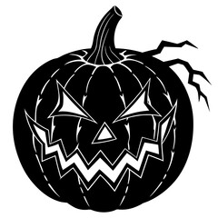 Evil Halloween Jack-o'-Lantern: Black and White Vector Illustration, Spooky, Scary, Monochrome Design