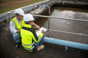 Two engineers are inspecting the operation of the treatment pond and checking the equipment