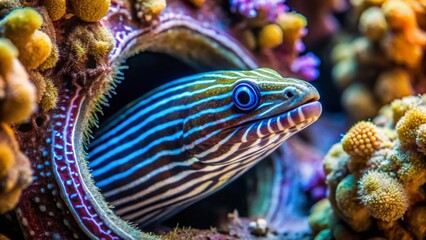 Striped Eel Peering from Coral Reef Home, a Vivid Underwater Scene of Marine Life