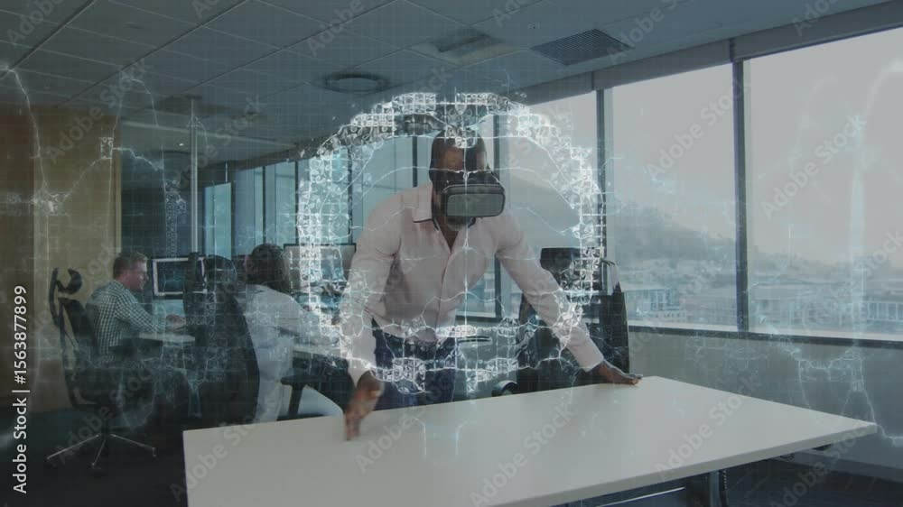 Poster mature man leaning on table starting hologram globe forming exploring business network data