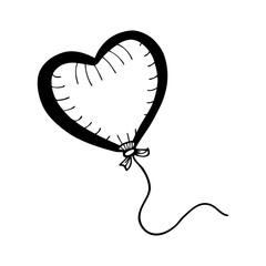 Simple black outline heart shaped balloon with a string and bow isolated on white background...
