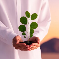 Person Gently Holding a Young Plant at Sunset